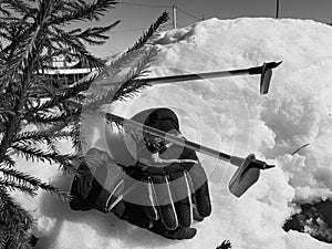 Ski gloves, skis and ski poles in the snow under the tree in winter or spring