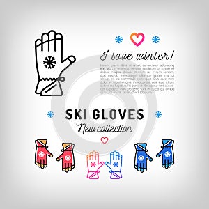 Ski gloves thin line icons, winter sports mittens, sport flyer