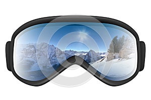 Ski goggles with reflection of mountains