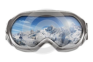 Ski goggles with reflection of mountains photo