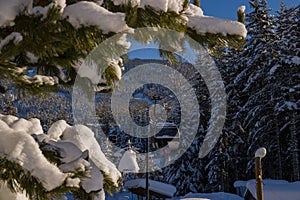 Ski gondola lift in mountains ski attraction. Mountains winter landscape view