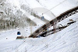 The ski-jump in winter mountains