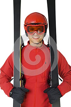 Ski jumper dressed red ski jacket