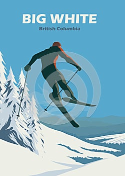 ski jumping at big white vintage poster illustration design, mountain skiing background design