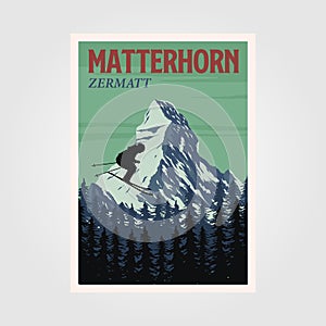 Ski jumping at matterhorn mountain poster vintage illustration design, alpine mountain ski resort poster print
