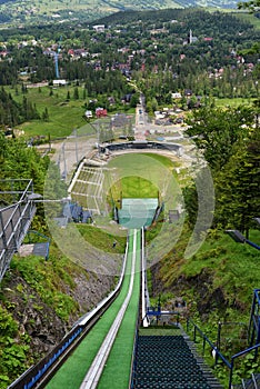 Ski jumping venue in Zakopane, summertime aerial view photo