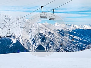 Ski lift in the mountains of Chamonix winter resort, French Alps