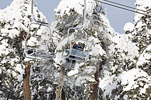 Ski lift with people on a snow forest landscape. Winter