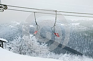 Ski lift ski resort. Winter fun. Family holidays and travel in the mountains. Nature forest landscape