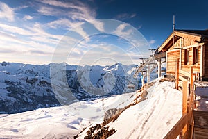 Ski lift in ski resort in winter Alps mountains, France. Meribel, France
