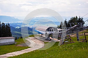 Ski lift in the Slovak Tatras in summer, with mountains in the background