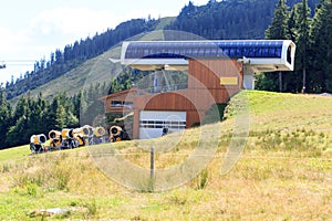 Ski lift and snow cannons at mountain Großer Arber in Bavarian Forest, Germany