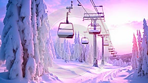 A ski lift transports skiers up a majestic snowy mountain, providing access to thrilling slopes, Winter scene at a ski resort, AI