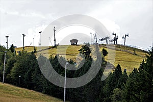 Ski lifts and hut on the Le Markstein mountain in the Vosges