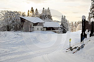 Ski lodges during early morning sunrise