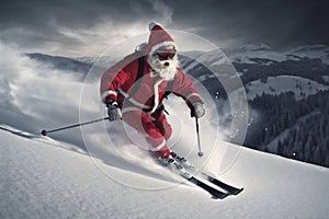 ski mountain sport skier winter christmas snow snowboarder santa holiday. Generative AI.