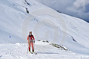 Ski mountaineer during competition in Carpathian Mountains