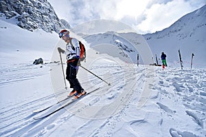 Ski mountaineer during competition in Carpathian Mountains