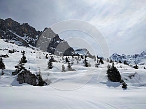 Ski mountaineering on the Sulzfluh. Winter wonderland in the Swiss and Austrian Alps.Ski tour in the Ratikon St.Antonien