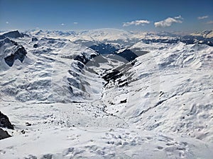 Ski mountaineeringi. Beautiful view from the mountain wiss platte to the sulzfluh above partnun. Winter sport in swiss