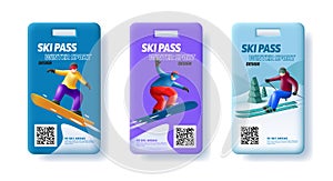 Ski pass admission card template with 3d render illustration of skier and snowboarder on the slope with qr code