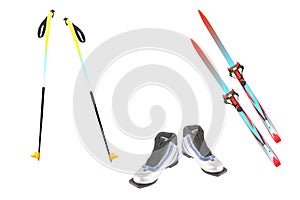 Ski poles, ski and ski boots