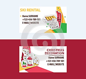 Ski rental and Cristmas decorations business cards template vector illustration. Ski, sleigh, skates. Contact