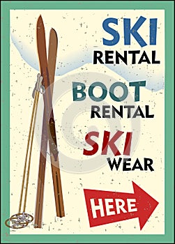 Ski rental retro poster design with pair of skis and winter mountain shape. Winter vacation concept.