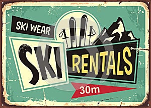 Ski rentals retro tin sign design photo