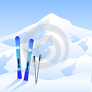 Ski resort banner. Ski on snow and mountains view. Extreme and healthy lifestyle. Vectoro illutration