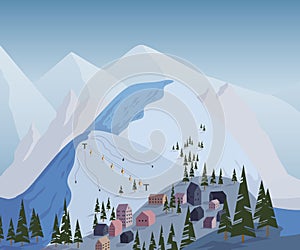Ski resort. Beautiful landscape with mountains, houses, hotels, fir trees and ski lift.