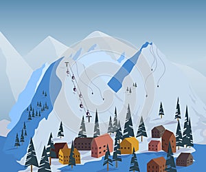 Ski resort. Beautiful landscape with mountains, houses, hotels, fir trees and ski lift.