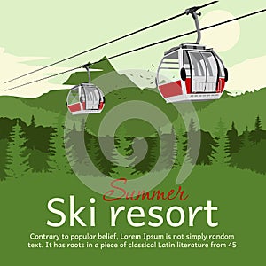 Ski resort with cableway gondola ski lift and mountains in the summer with copyspace for text