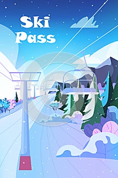 ski resort cableway in snowy mountains christmas new year holidays celebration winter vacation ski pass concept