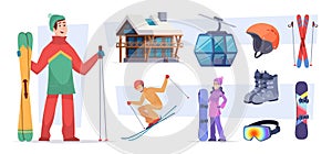 Ski resort. Christmas winter village snow activities in alps holiday landscape trails in mountain exact vector flat