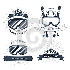 Ski resort emblem and labels with goggles, mountains - winter sp