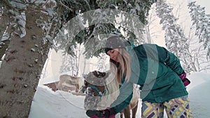 Ski resort entertainments. Young woman and deer in the winter forest. Woman feed deer. Girl feed deer. Deer farm.