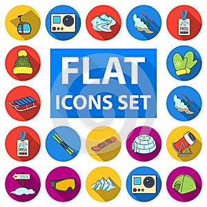 Ski resort and equipment flat icons in set collection for design. Entertainment and recreation vector symbol stock web
