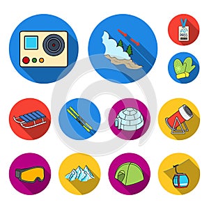 Ski resort and equipment flat icons in set collection for design. Entertainment and recreation vector symbol stock web