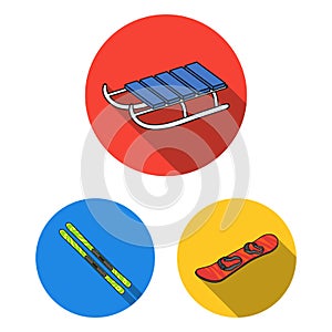 Ski resort and equipment flat icons in set collection for design. Entertainment and recreation vector symbol stock web