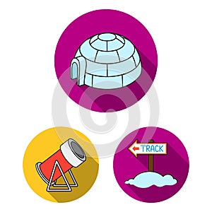 Ski resort and equipment flat icons in set collection for design. Entertainment and recreation vector symbol stock web