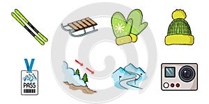 Ski resort and equipment icons in set collection for design. Entertainment and recreation vector symbol stock web