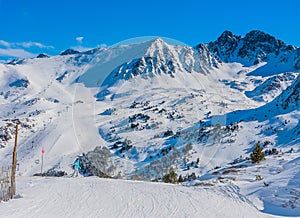 Ski resort GrandVallira. Views of the Pyrenees mountains. Ski cabins with skiers. Rest with the whole family and friends. Andorra