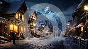 Ski resort houses decorated for Christmas, mountain village or town street in winter at night. Wooden chalets covered with snow in