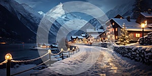 Ski resort houses decorated for Christmas in winter, street in mountain village or town at night. Chalets covered with snow in