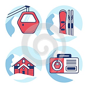 Ski resort icon set. Red cabin lift, Equipment rental, Hotel, mountain shelter, Ski pass.