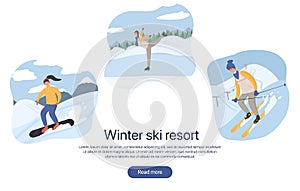 Ski resort landing page concept. Group of people doing winter activities vector flat cartoon illustration