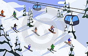 Ski resort landscape with people on snowboards on slope, cable way. Sport activity in mountains in snow on winter