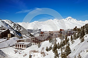 Ski resort Les Arcs 1600 in sunny day