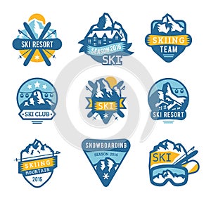 Ski resort logo emblems, labels badges vector